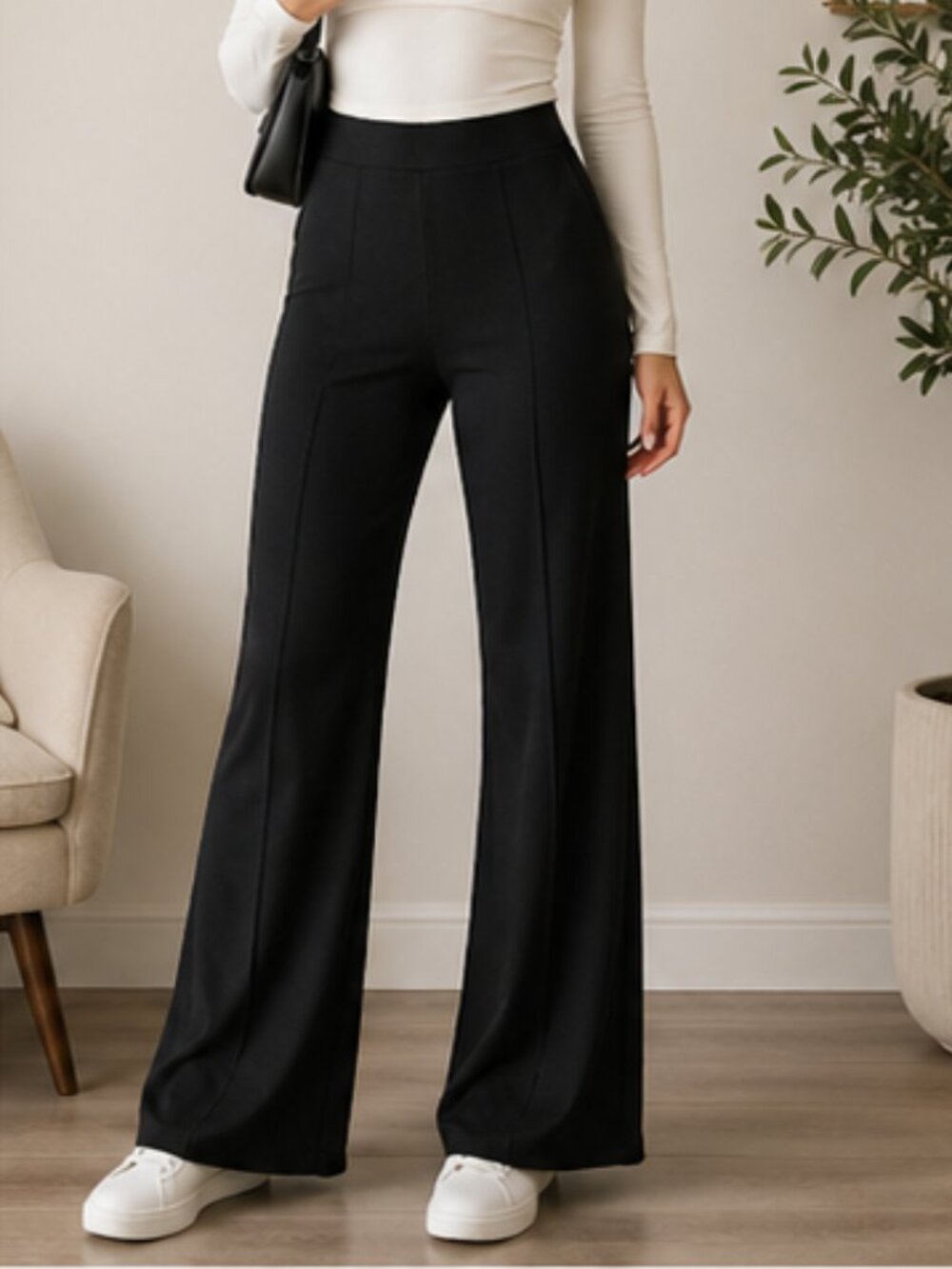 Black High Waist Flare Pants Stretch Pull On Minimal Chic